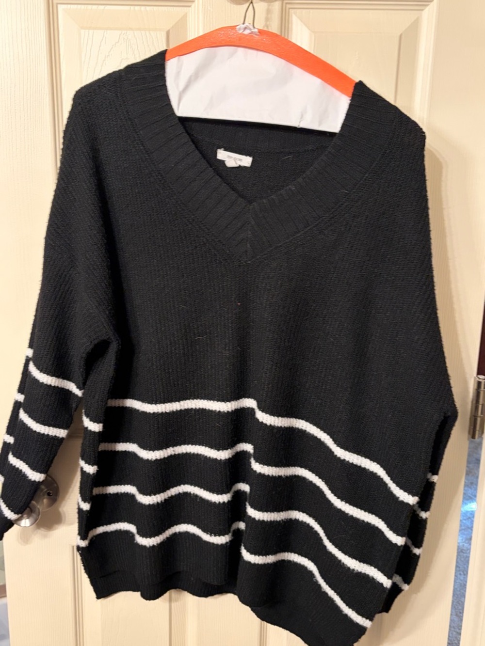 Maurice’s Black V-Neck Sweater with White Stripes
